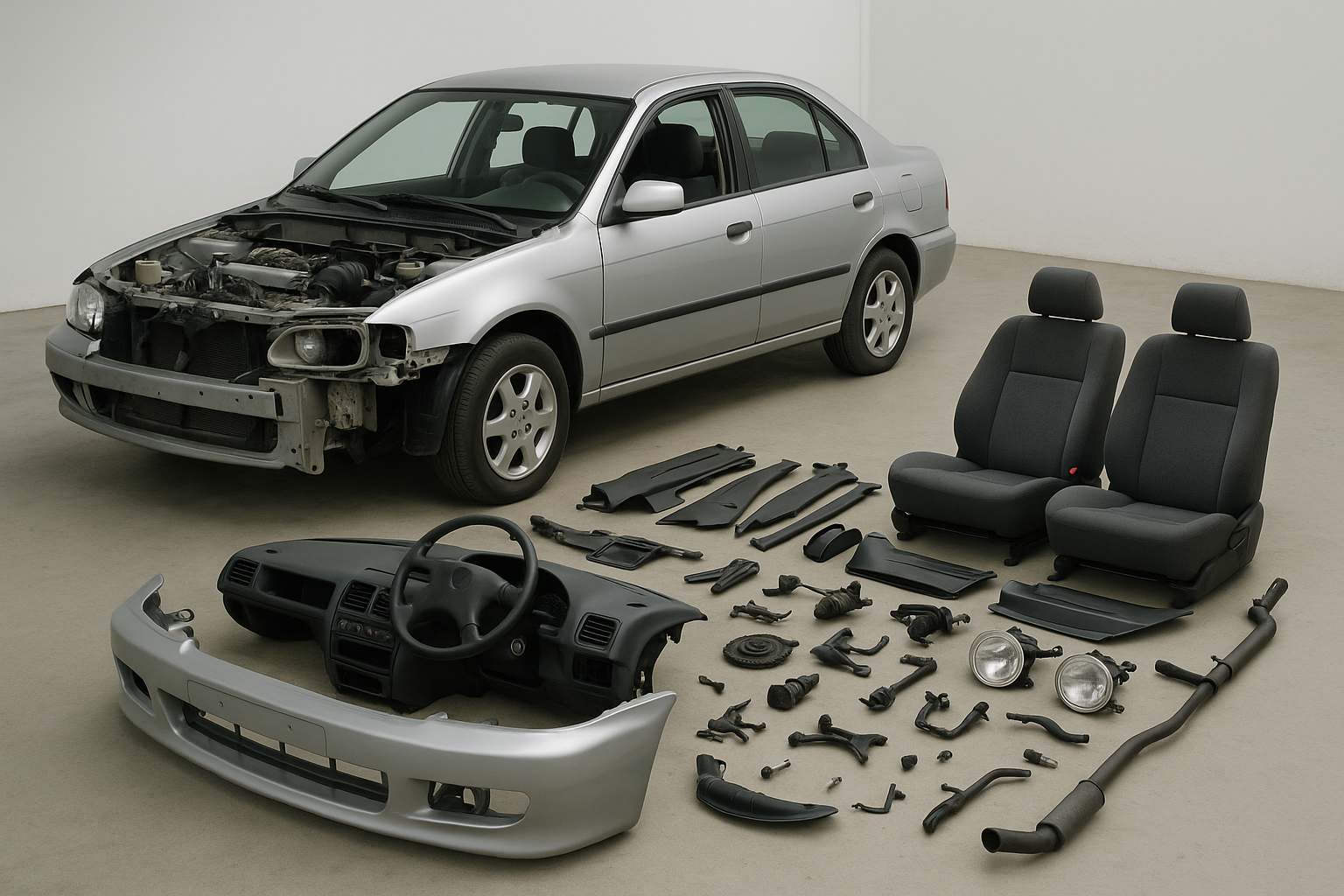 Silver sedan with front parts and interior components arranged on the ground