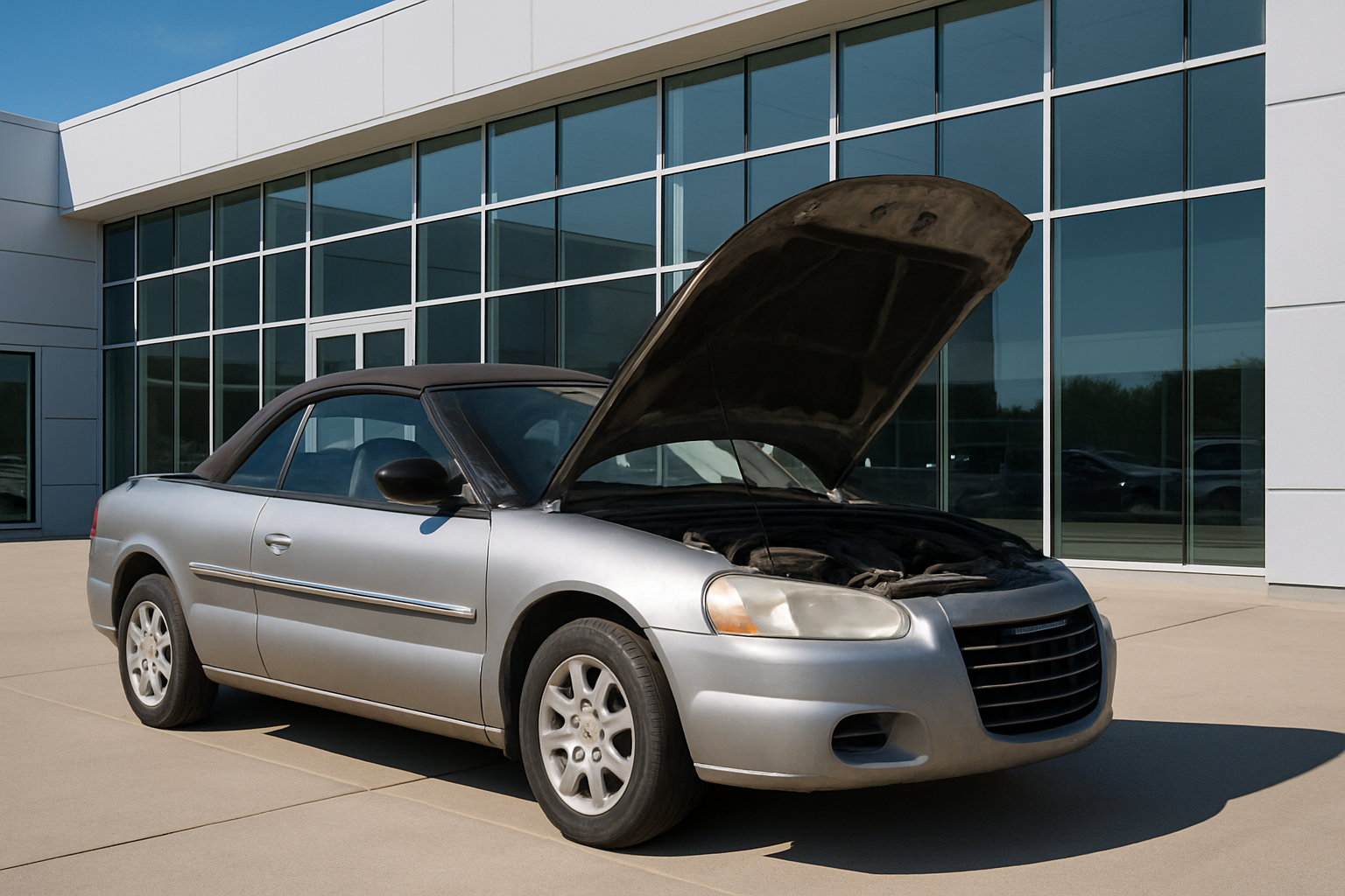 Used silver convertible with its hood open parked in front of a modern glass-walled dealership building