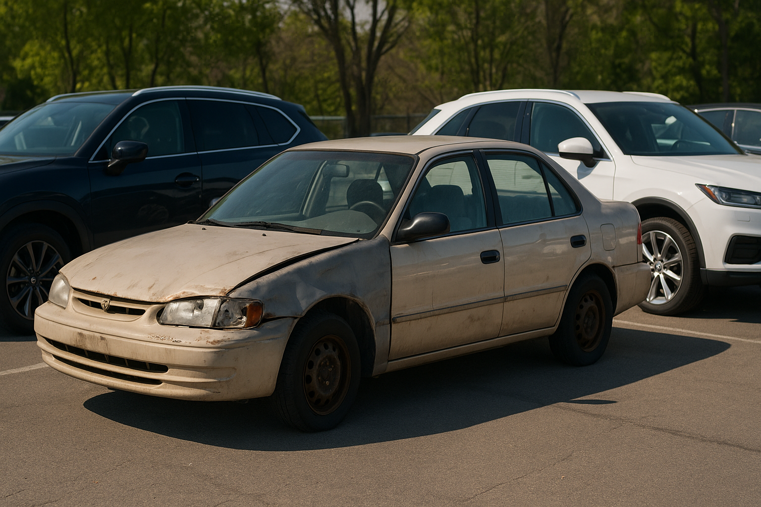 Old, visibly damaged beige sedan with rust and dents parked between two modern SUVs in a parking lot