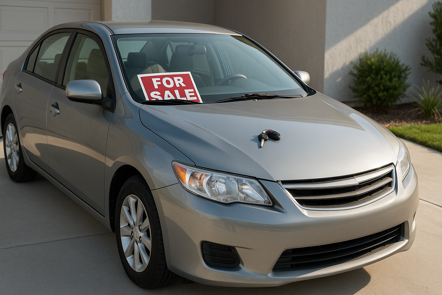 Silver used car parked in a driveway with a "For Sale" sign on the windshield