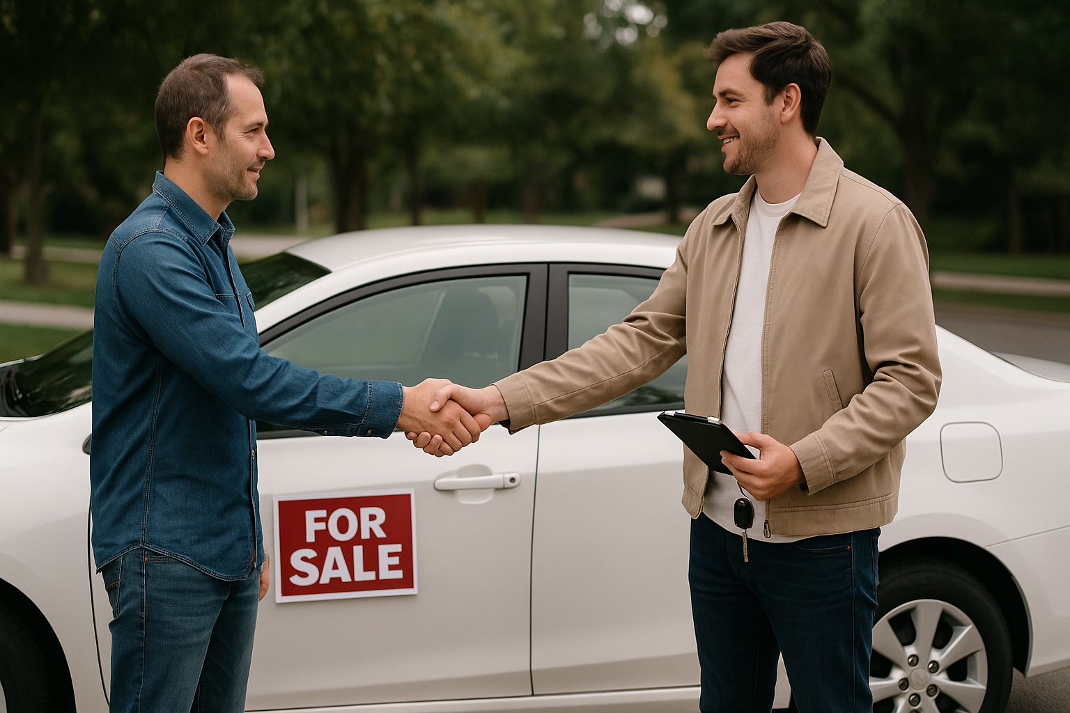 Buyer and seller shaking hands in front of a white car with a "For Sale" sign