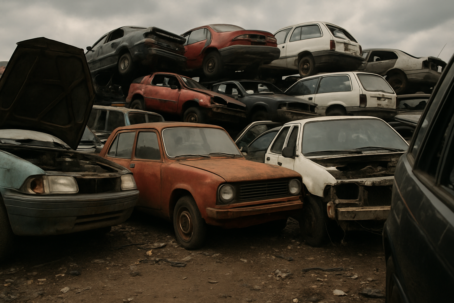 Stacked and damaged cars in a crowded junkyard