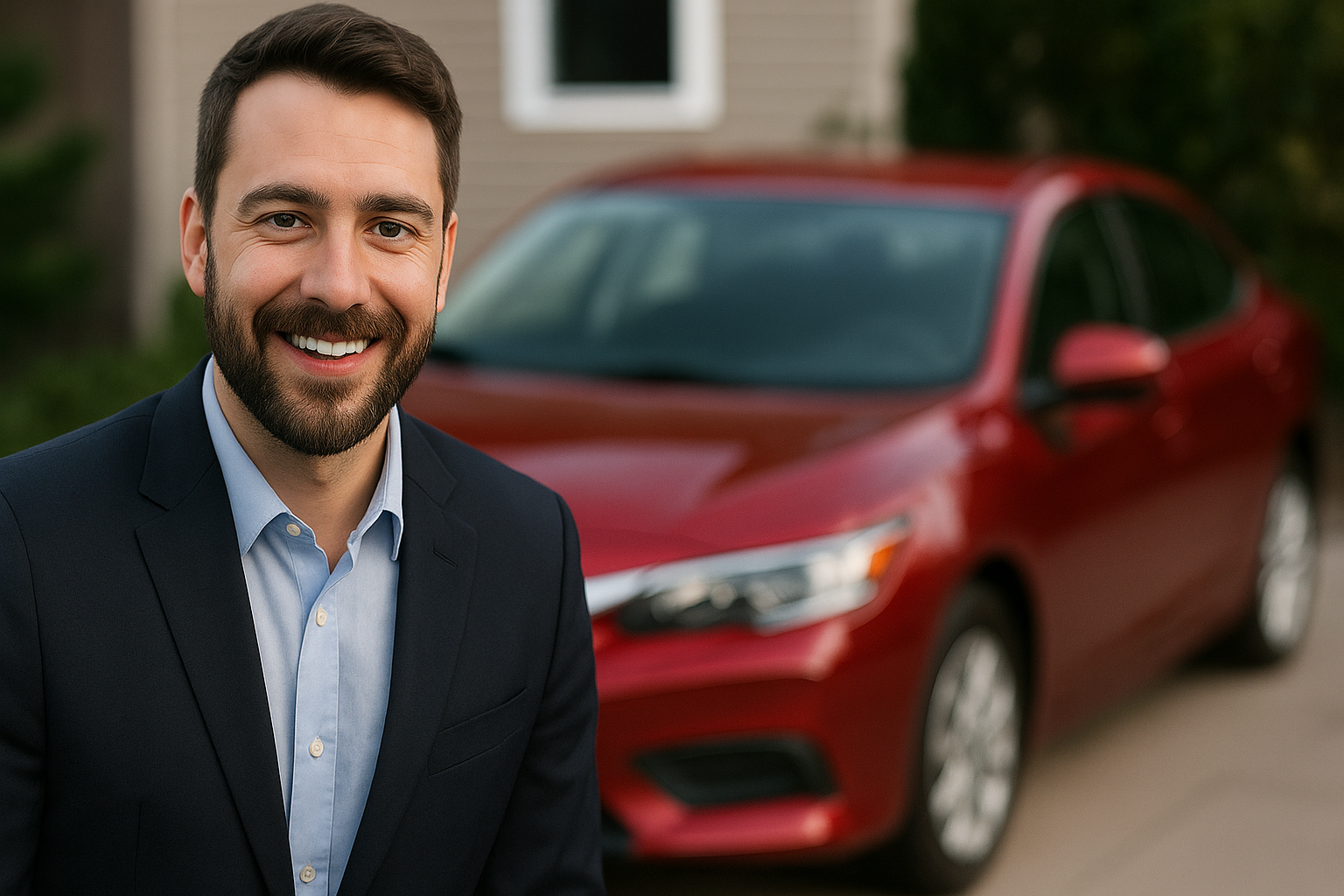 Smiling seller in a suit standing in front of a red car