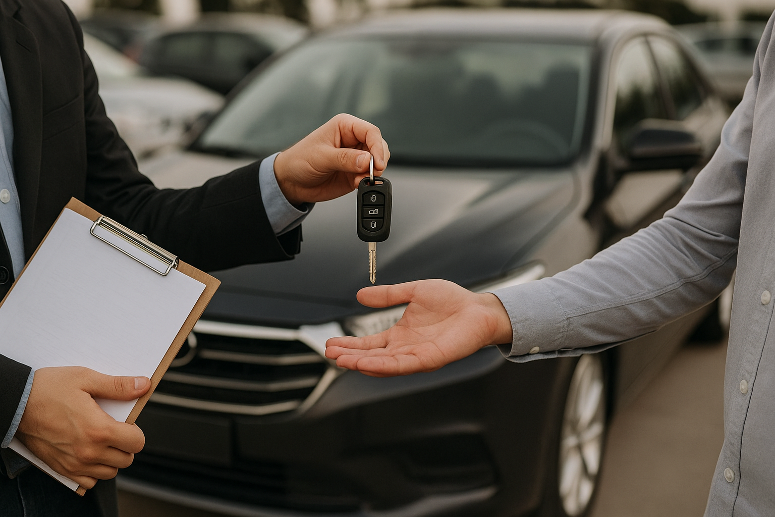 One person handing over car keys to another in front of a black vehicle
