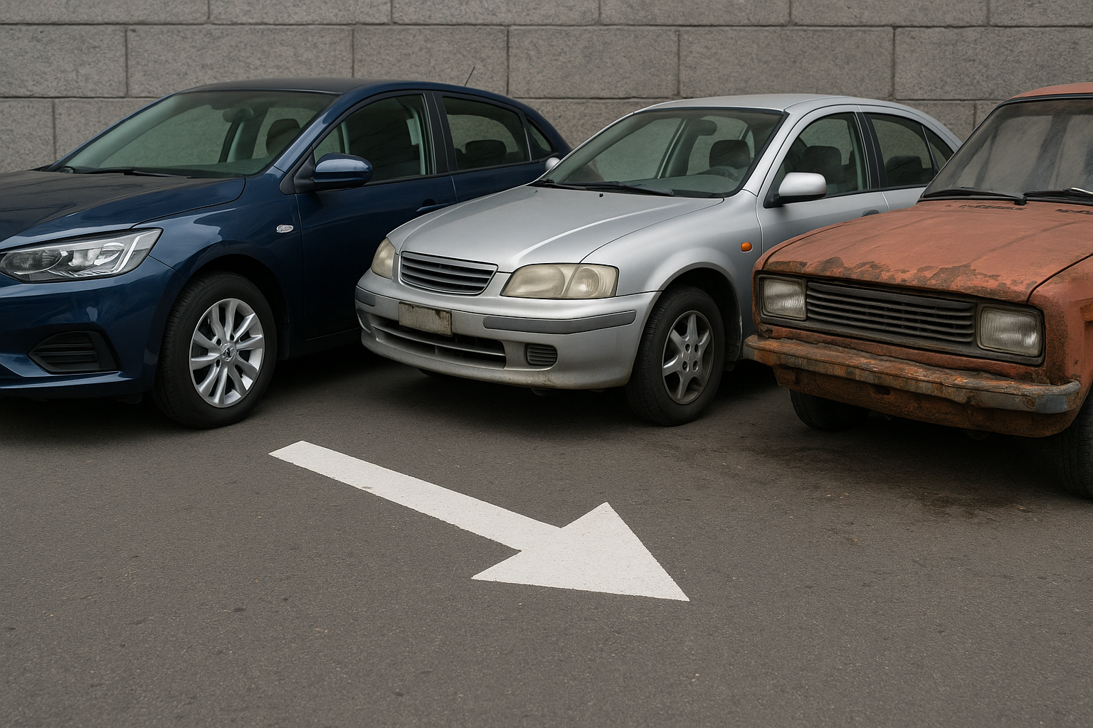 Three parked cars in different conditions showing aging and depreciation