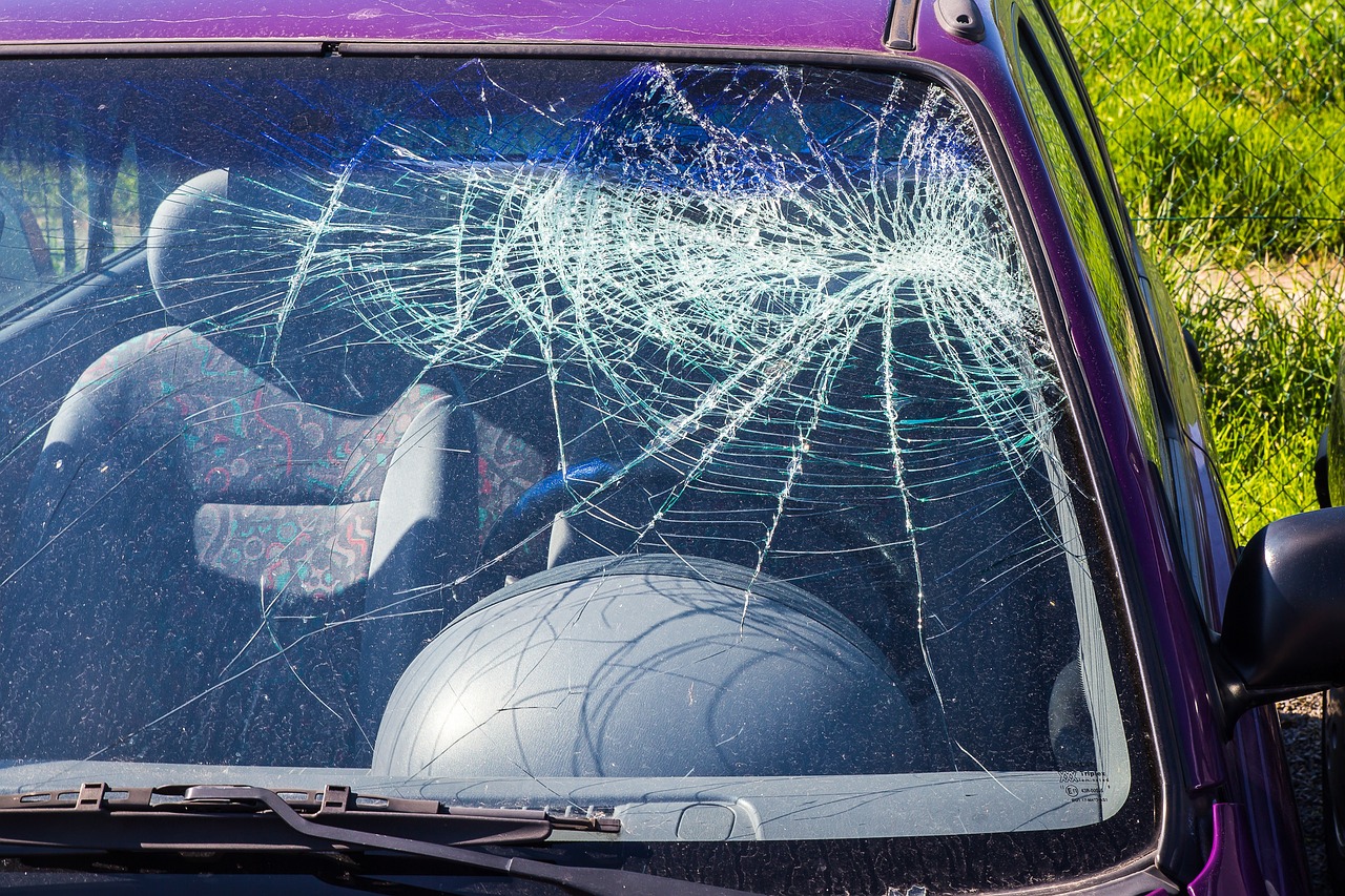 a damaged front window in a car